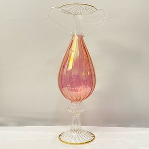 1940 Venetian Murano Gold Cranberry Hand-Blown Glass Double Handled Vase